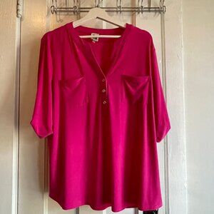 Anne Klein bright pink henley collar blouse w/ elbow-length sleeves size XL